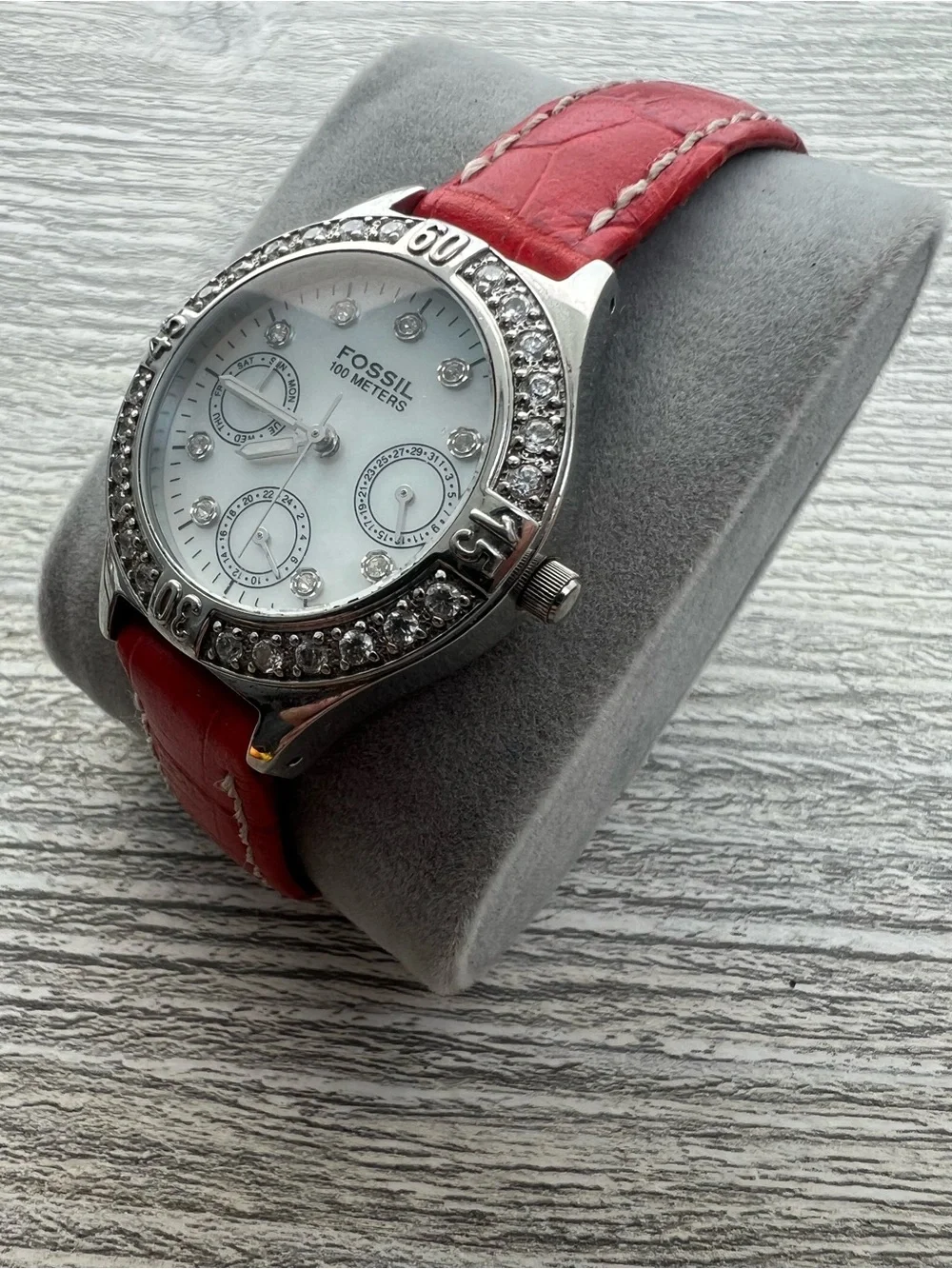 Fossil Women's Crystal Accent Watch - Red Leather Strap